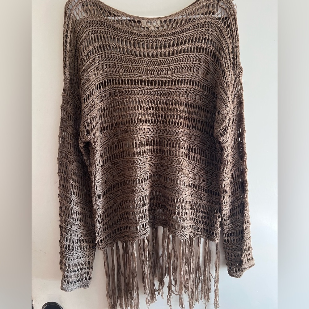 Umgee Taupe Crochet Fringe Sweater